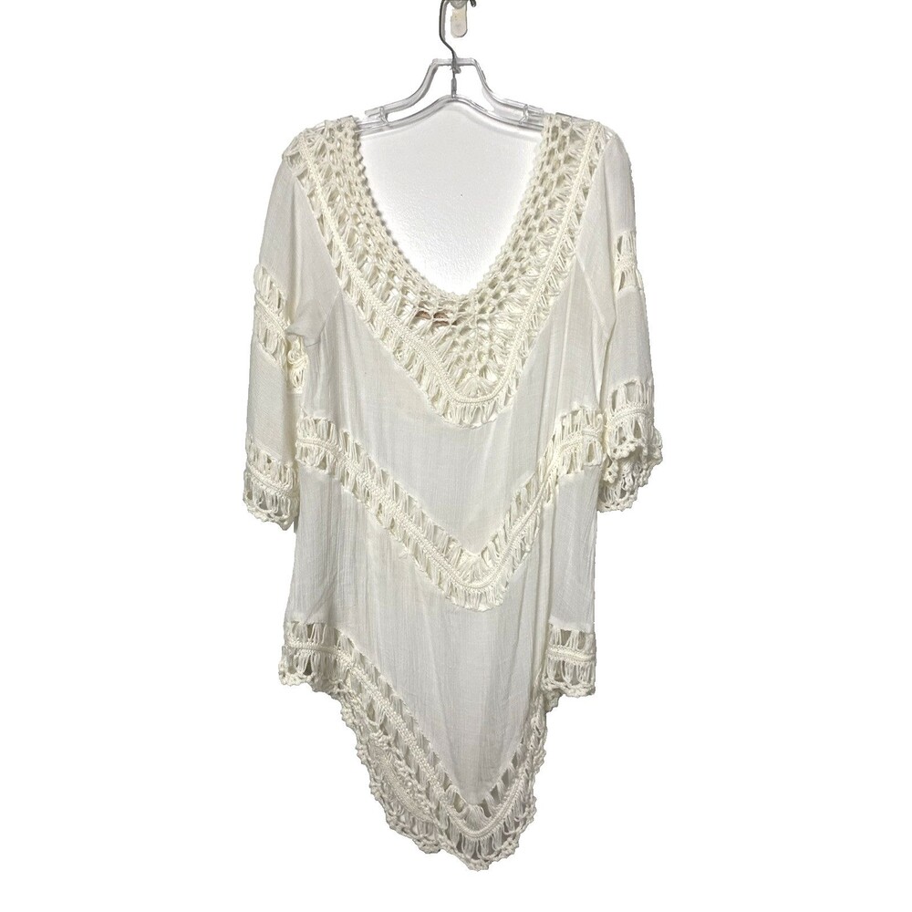 PARADISE Beach Cover Up Boho Ivory Swim Suit Tunic Top Crochet One Size